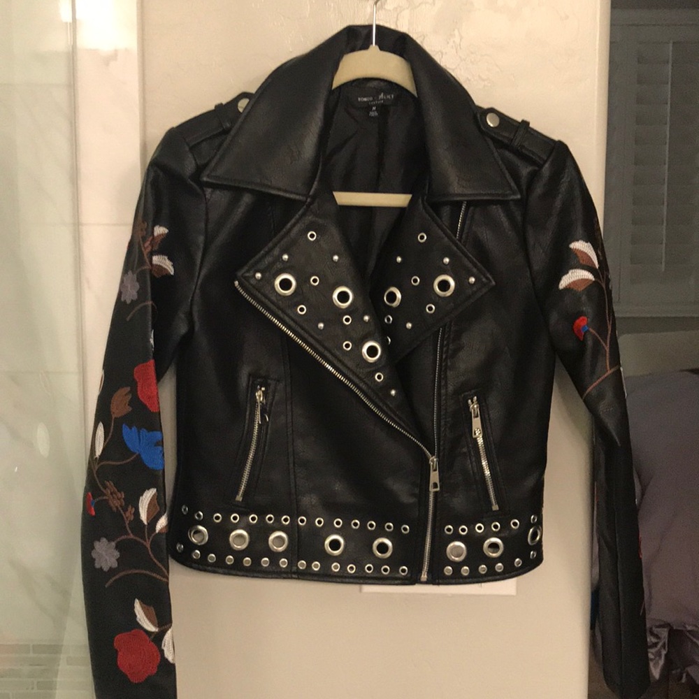 Romeo & Juliet Couture Studded Moto Jacket Faux Leather Embroidered Size M